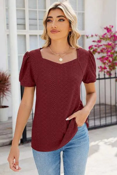Eyelet Puff Sleeve T-Shirt Women's T-Shirts - Tophatter Daily Deals
